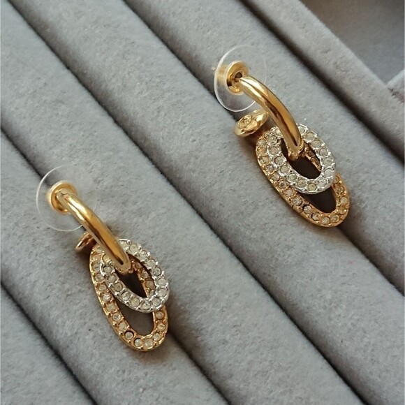 SWAROVSKI Gold Tone Crystals Double Oval Dangle pierced Earrings - Picture 1 of 8